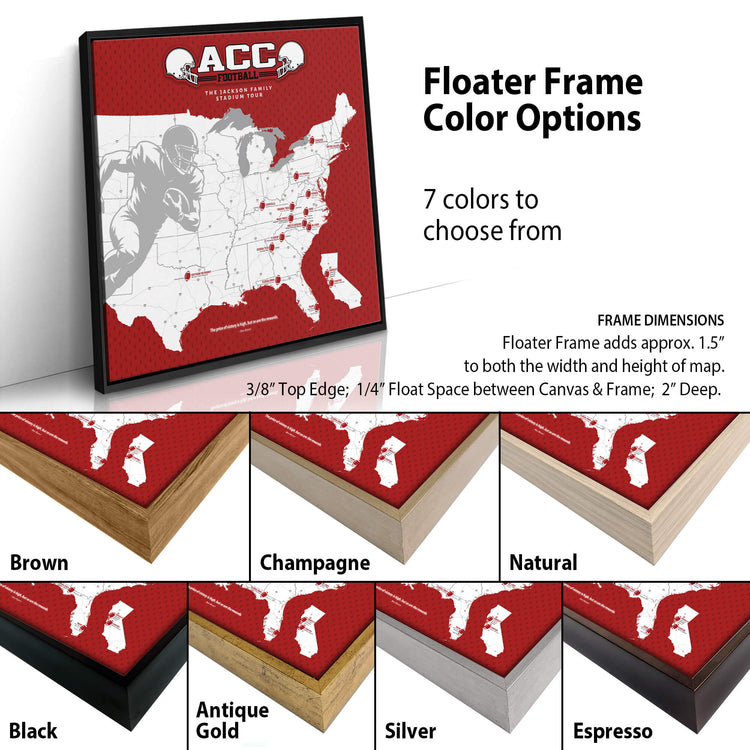 The image is a collage of various framed pictures, each with different frame colors and styles. The collage is titled "Floater Frame Color Options" and includes a map of the United States with football players. The collage features a range of frame colors, including brown, champagne, natural, antique, gold, silver, and espresso. The collage is designed to showcase the different frame options available for a framed picture.