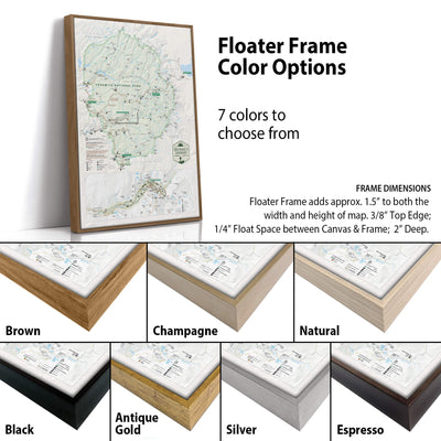 a variety of different colored floating frame options for a map, with the map itself being a detailed and colorful representation of a region.