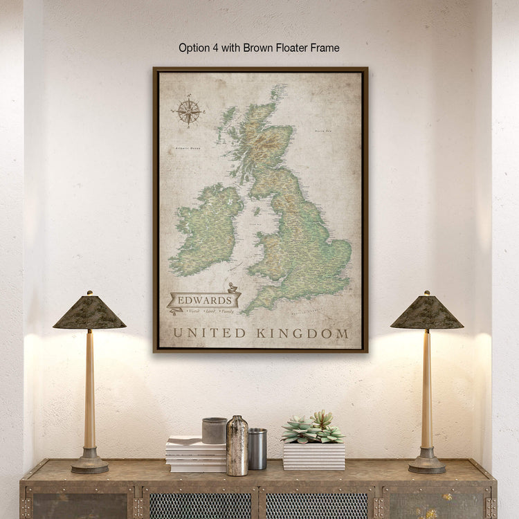 a map of the united kingdom hangs on a wall