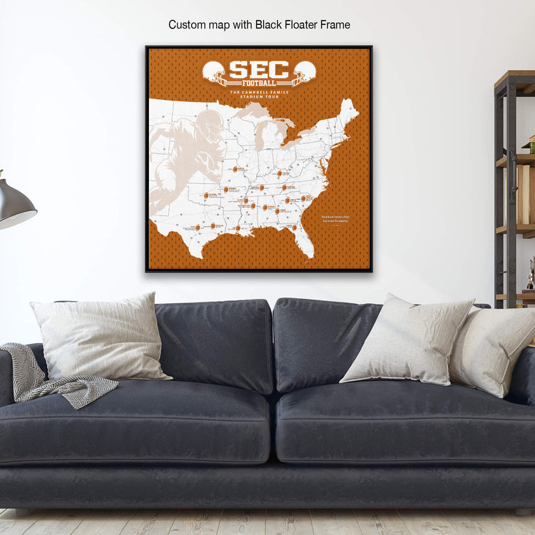 A custom map with a black floating frame displaying the map of the United States with various locations marked, including Texas.