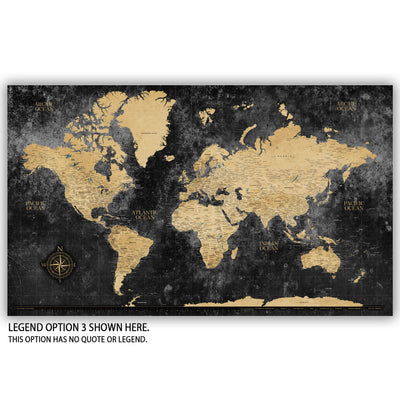 a black and gold world map with the words legend option is shown here