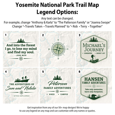 six different trail map designs, each with unique features and names, such as "The Patterson Family", "Michael&