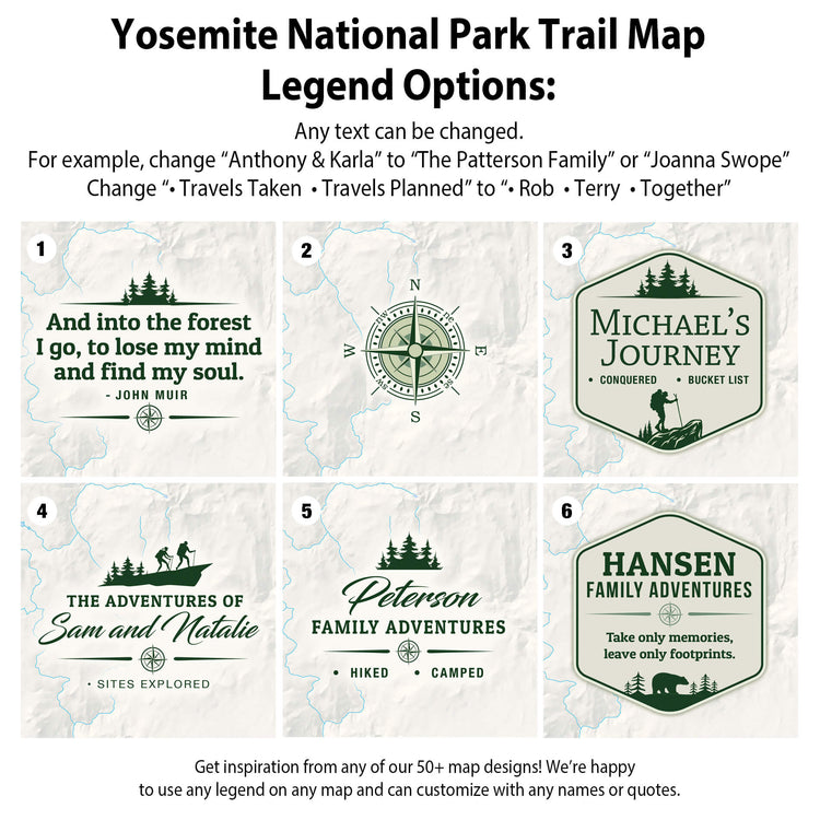 six different trail map designs, each with unique features and names, such as "The Patterson Family", "Michael&