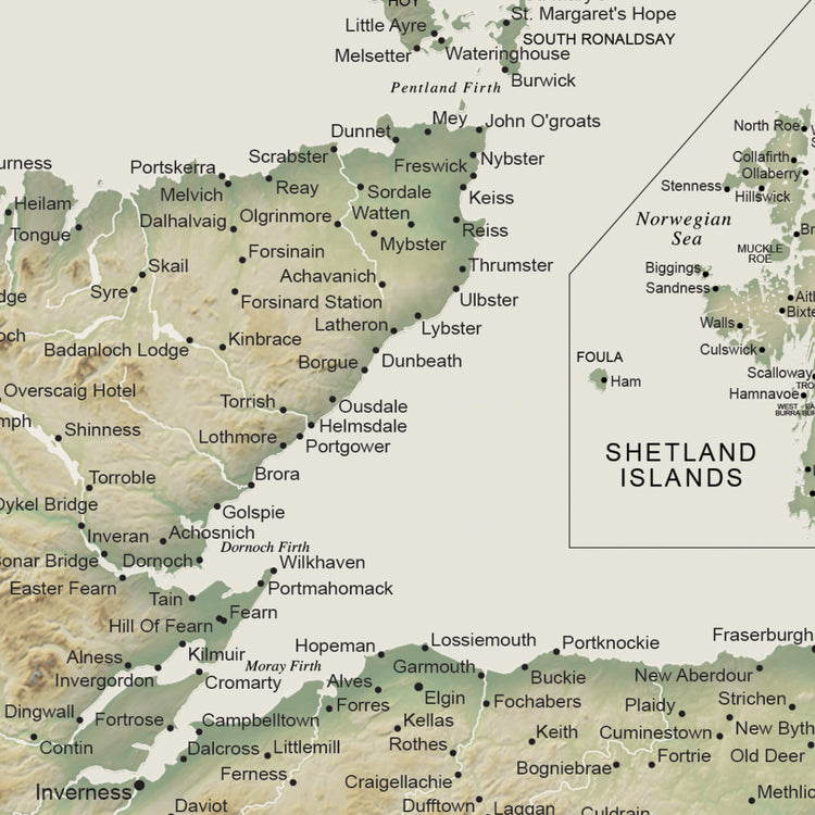 The image is a detailed map of the Shetland Islands, showing various locations and landmarks.