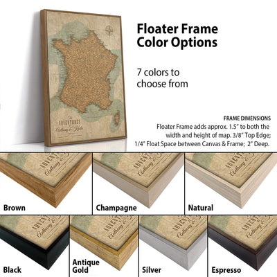 a variety of different colored frames for a map of France, with the map itself being a vintage-style map of France. The frames are described as having different colors, such as brown, champagne, natural, antique gold, silver, and espresso. The image also includes a description of the frame dimensions, stating that the frame adds approximately 1.5" to both the width and height of the map.