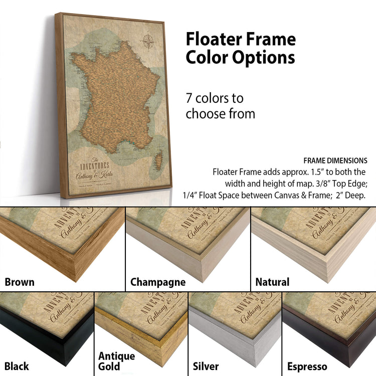 a variety of different colored frames for a map of France, with the map itself being a vintage-style map of France. The frames are described as having different colors, such as brown, champagne, natural, antique gold, silver, and espresso. The image also includes a description of the frame dimensions, stating that the frame adds approximately 1.5" to both the width and height of the map.