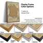 a variety of different colored frames for a map of France, with the map itself being a vintage-style map of France. The frames are described as having different colors, such as brown, champagne, natural, antique gold, silver, and espresso. The image also includes a description of the frame dimensions, stating that the frame adds approximately 1.5" to both the width and height of the map.
