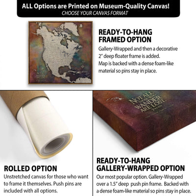 The image is a collage of three different options for a scratch-off map canvas, each with its own description and features.