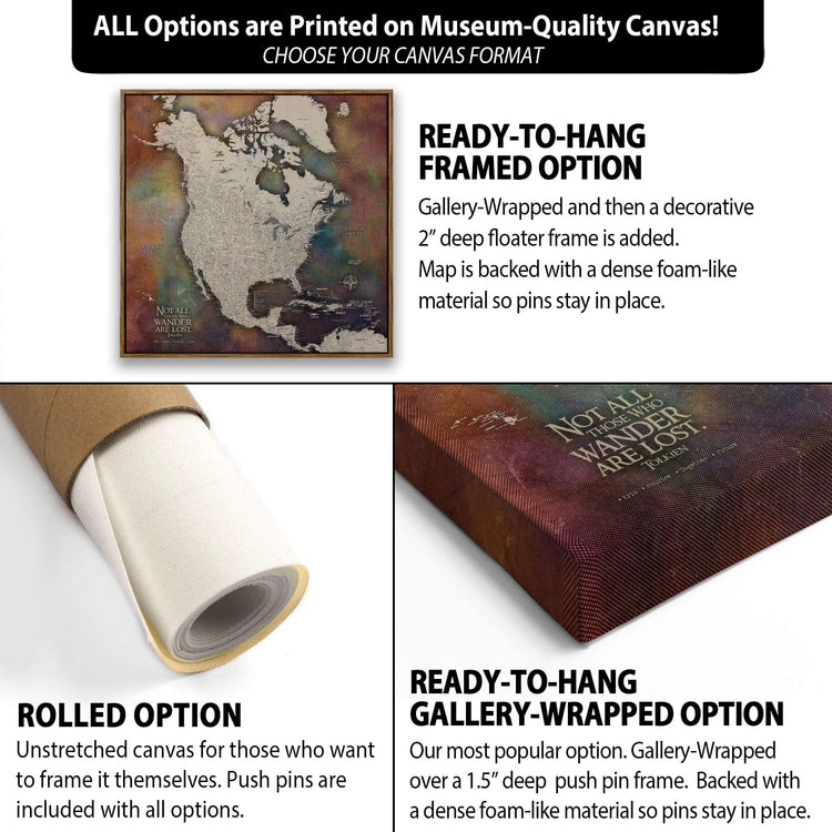 The image is a collage of three different options for a scratch-off map canvas, each with its own description and features.