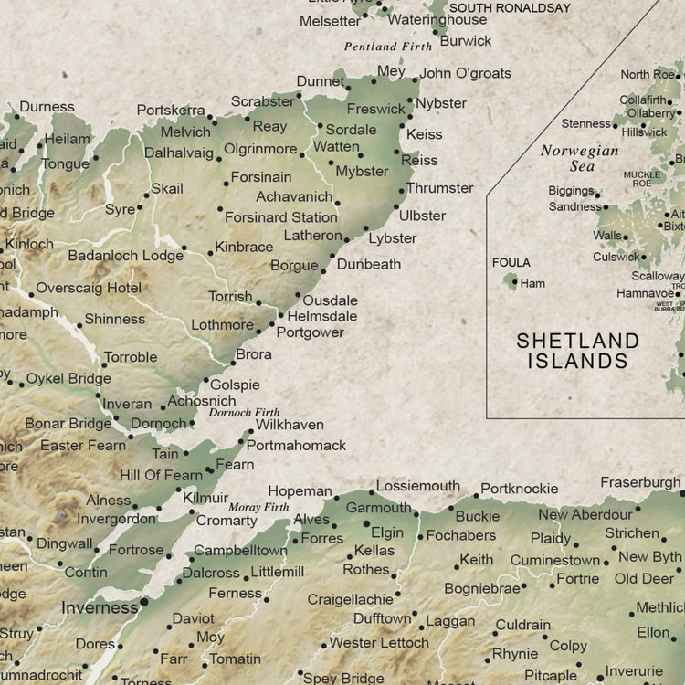 The image is a detailed map of the Shetland Islands, showing various locations and landmarks across the region.