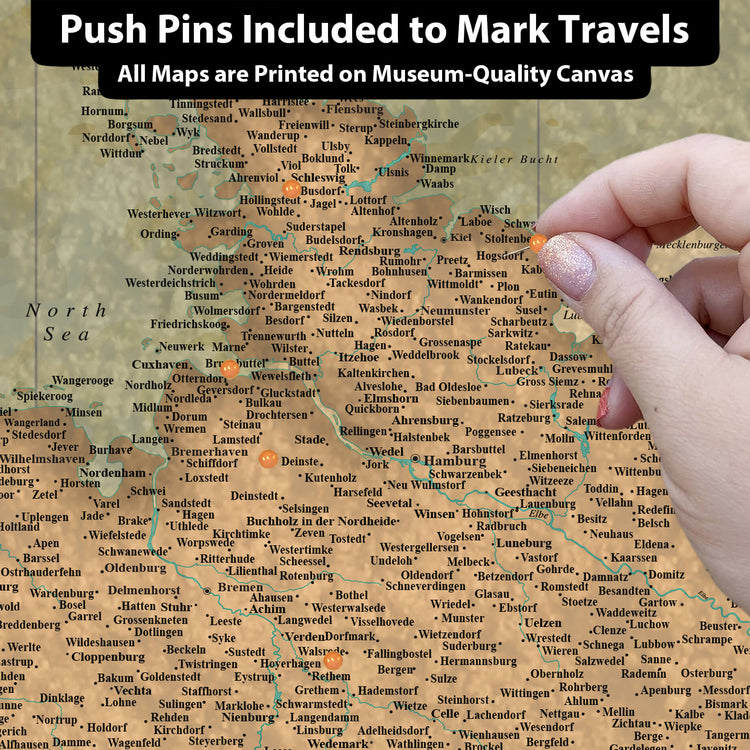 The image is a collage of various locations marked on a map, with a hand pointing to one of the locations.
