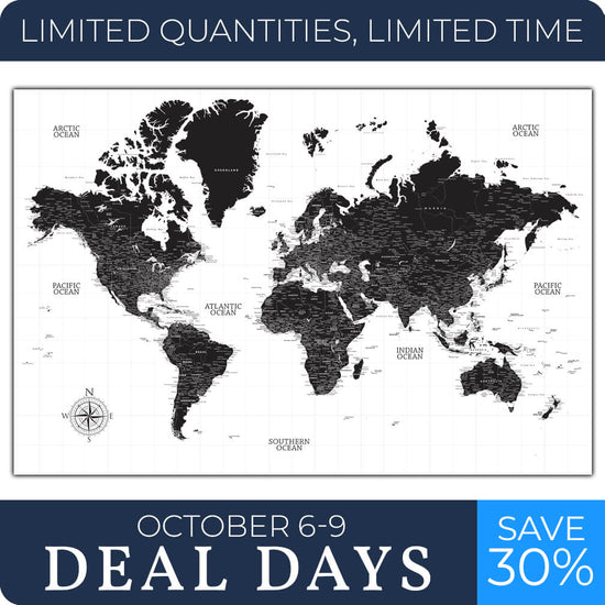 Black & White World Push Pin Map - 60" x 40"