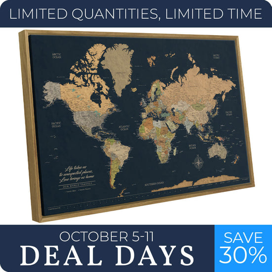 Classic Earth Tones on Navy Push Pin World Map - 48" x 30" in Brown Frame