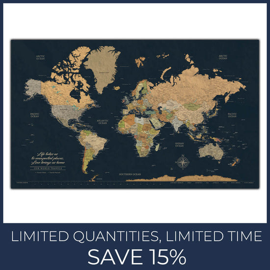 Classic Earth Tones on Navy Push Pin World Map - 40" x 24"