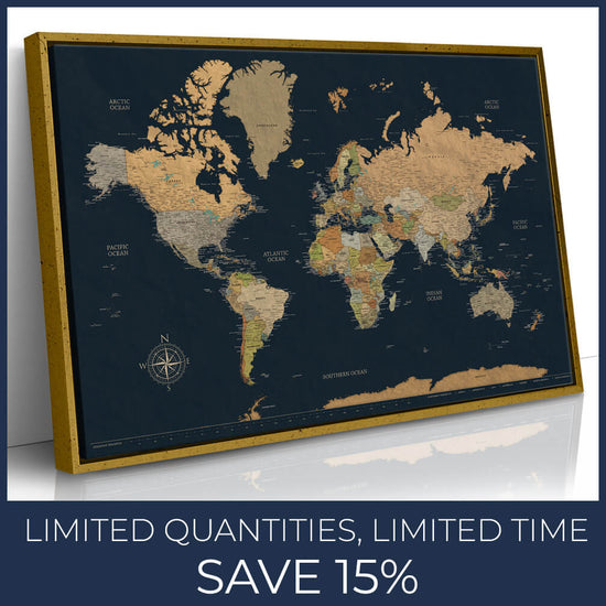 Classic Earth Tones on Navy Push Pin World Map - 40" x 24" with Floater Frame