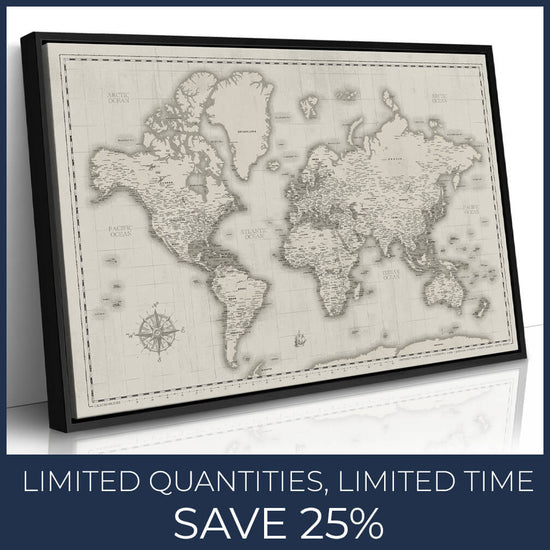 Cream Push Pin World Map - 40" x 24" with Floater Frame