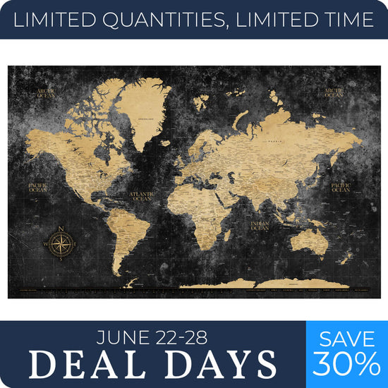 Gold & Black Textured World Push Pin Map - Various Sizes