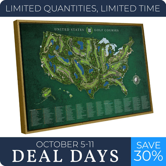 Top 250 Golf Courses Push Pin Map - 30" x 20" in Gold frame