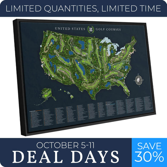 Top 250 Golf Courses Push Pin Map - 30" x 20" in Black frame