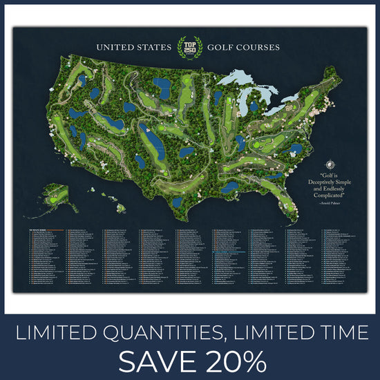 Top 250 Golf Courses Push Pin Map - 40" x 30"