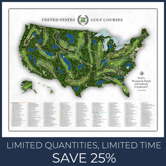 Top 250 Golf Courses Push Pin Map - 24" x 20"