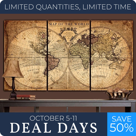 Aged Tan World Map Canvas Wall Art - Set of 3, 20" x 32"