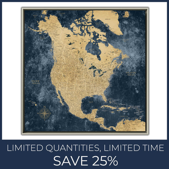Gold & Navy Textured North America Push Pin Map - 24" x 24" with Floater Frame