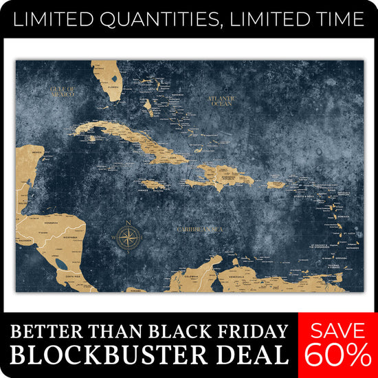 Gold & Navy Textured Caribbean Push Pin Map - 24" x 16"