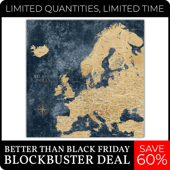 Gold & Navy Textured Europe Push Pin Map - 24" x 24"