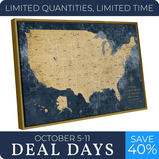 Gold & Navy Textured Push Pin USA Map - 48" x 30" in Gold frame