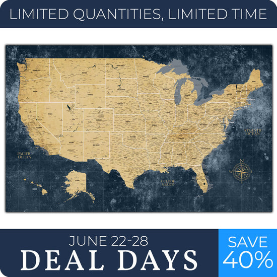 Gold & Navy Textured Push Pin USA Map - 40" x 24"