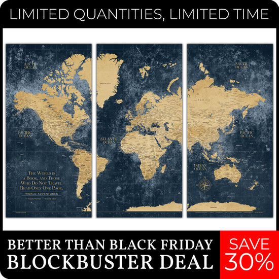 Gold & Navy Textured World Push Pin Map - 20" x 40" set