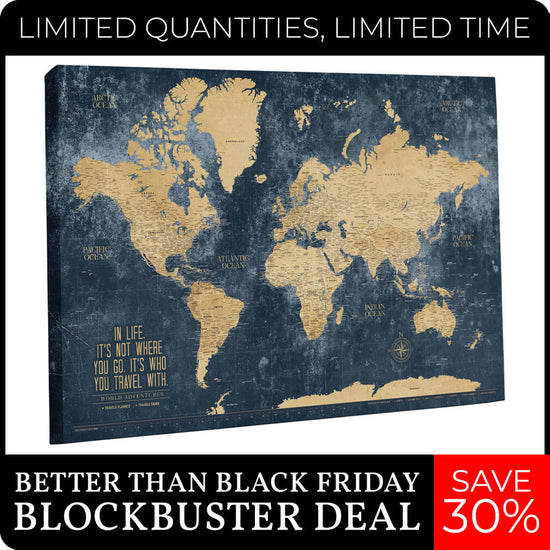 Gold & Navy Textured World Push Pin Map - 40" x 24"