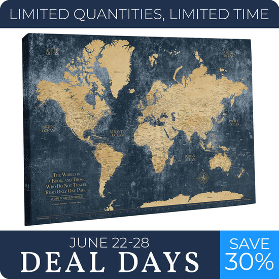 Gold & Navy Textured Push Pin World Map - 48" x 30"