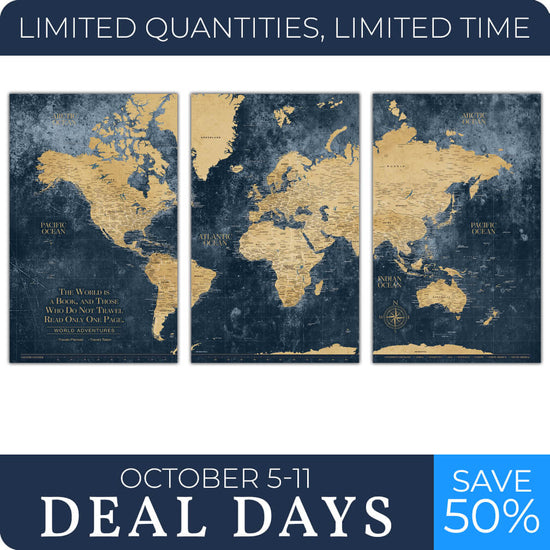 Gold & Navy Textured Push Pin World Map - 94" x 48" in 3 Panels