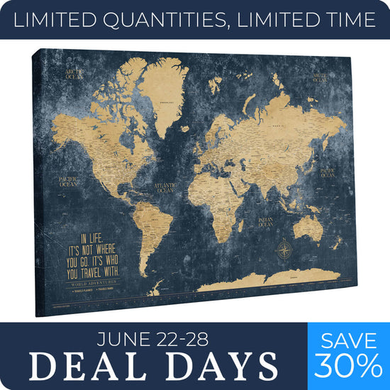 Gold & Navy Textured Push Pin World Map - 40" x 24"