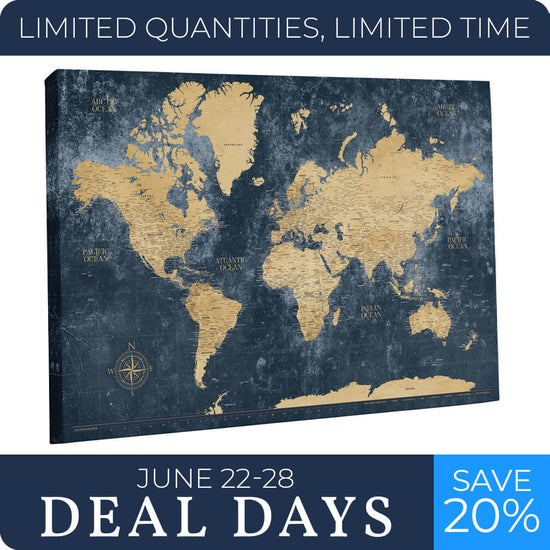 Gold & Navy Textured Push Pin World Map - 48" x 30"