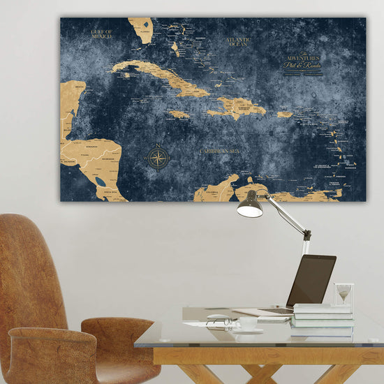 Gold & Navy Textured Caribbean Push Pin Travel Map - Single Panel