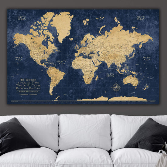 Gold & Navy Textured World Push Pin Map on Canvas