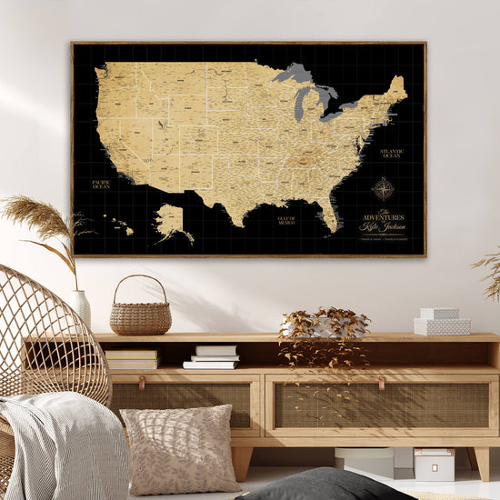 Gold & Black Textured USA Push Pin Map - Single Panel