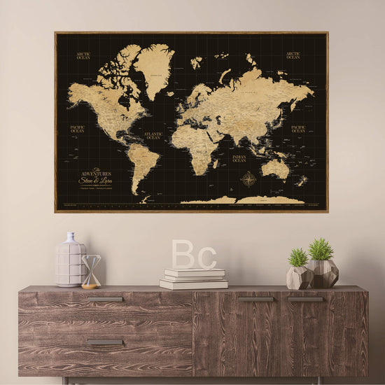 Gold & Black Textured World Push Pin Map - Single Panel