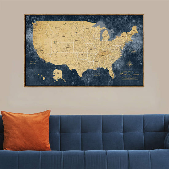 Gold & Navy Textured USA Push Pin Map