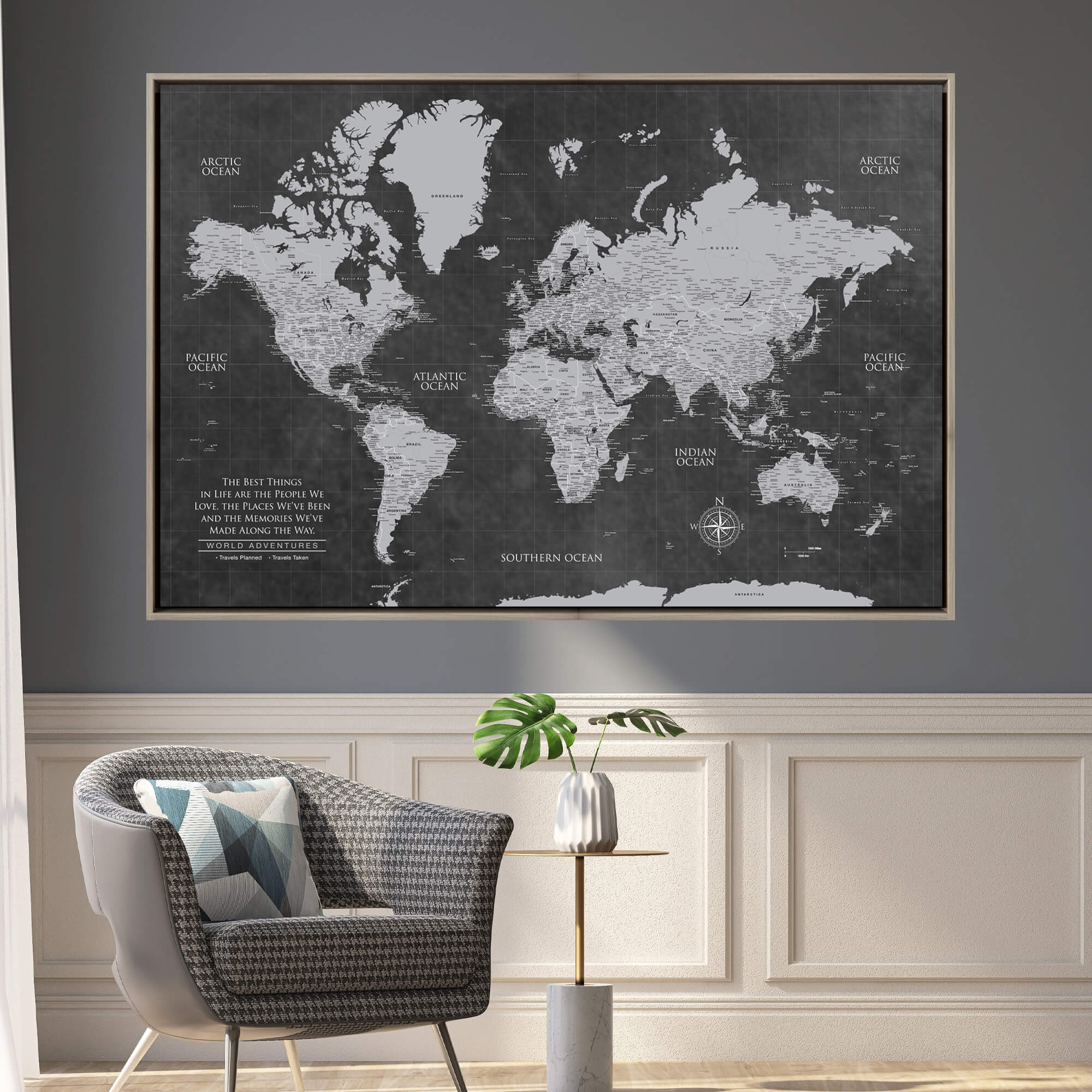 Grey Push Pin World Map - Single Panel | Holy Cow Canvas