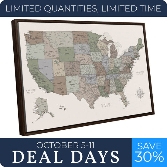 Muted Earth Tones USA Push Pin Map - 48" x 30" in Espresso frame