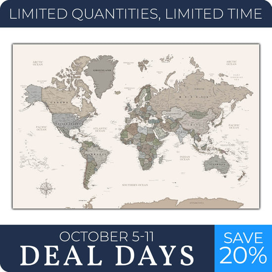 Muted Earth Tones Push Pin World Map - 60" x 40"