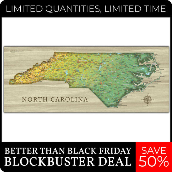 North Carolina Push Pin Terrain Map - 30" x 12"