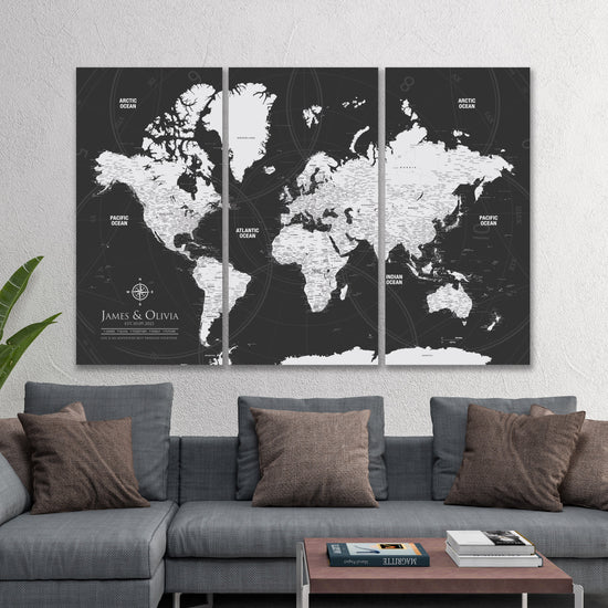 Modern Push Pin World Travel Map - 3 Panel