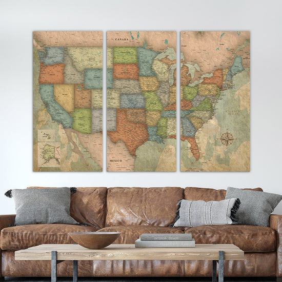 USA Travel Push Pin Map 3 panel