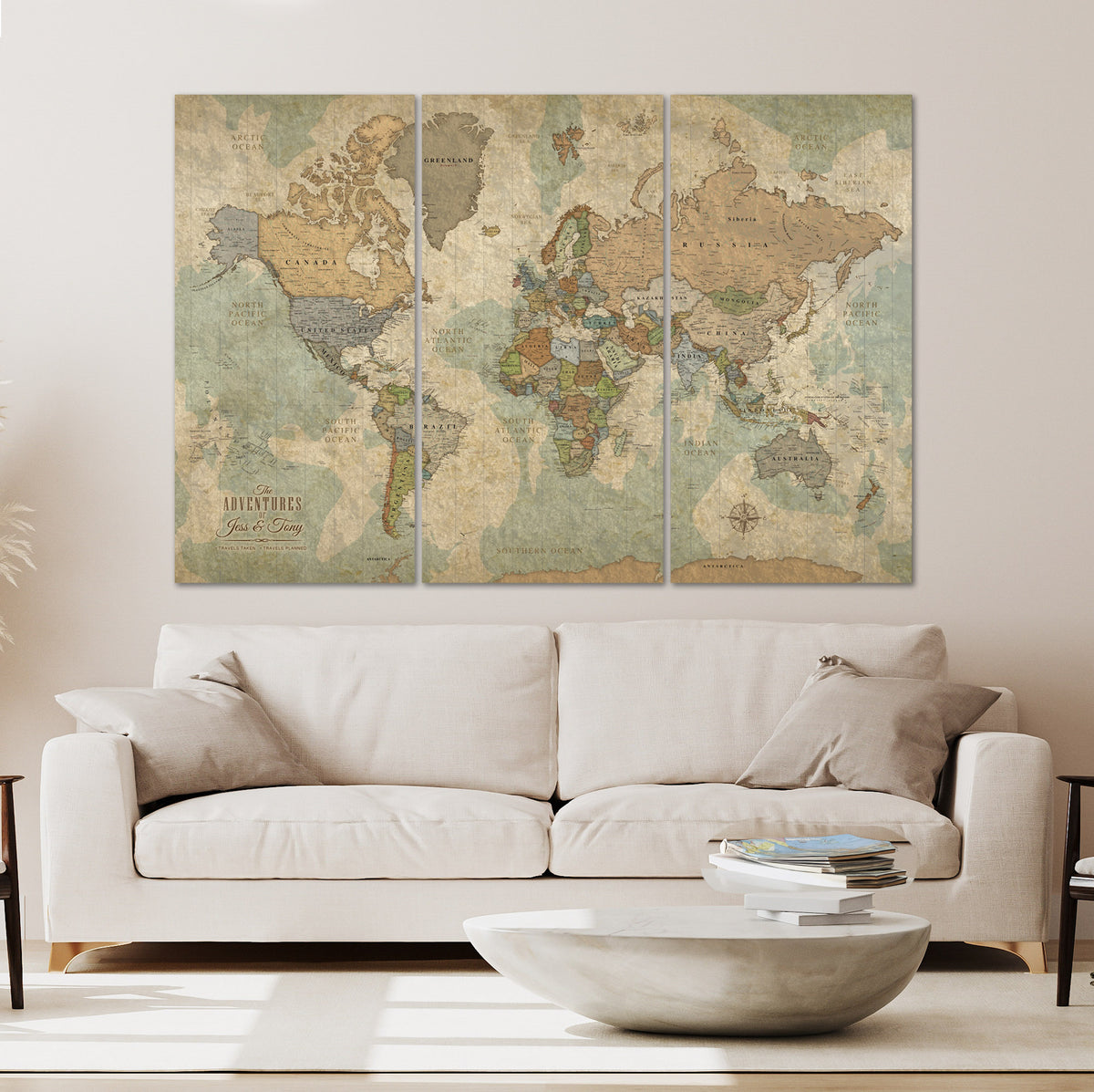 Push pin world travel map 3 panel | Mapsru.com