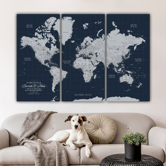 Navy Push Pin Travel Map of the World - 3 Panel